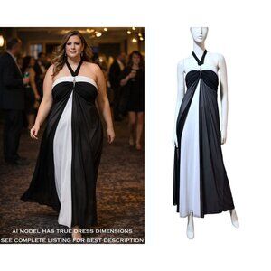 VTG 90s Prom Dress 14 Mesh Overlay Halter Black White Color Block Bling Taboo